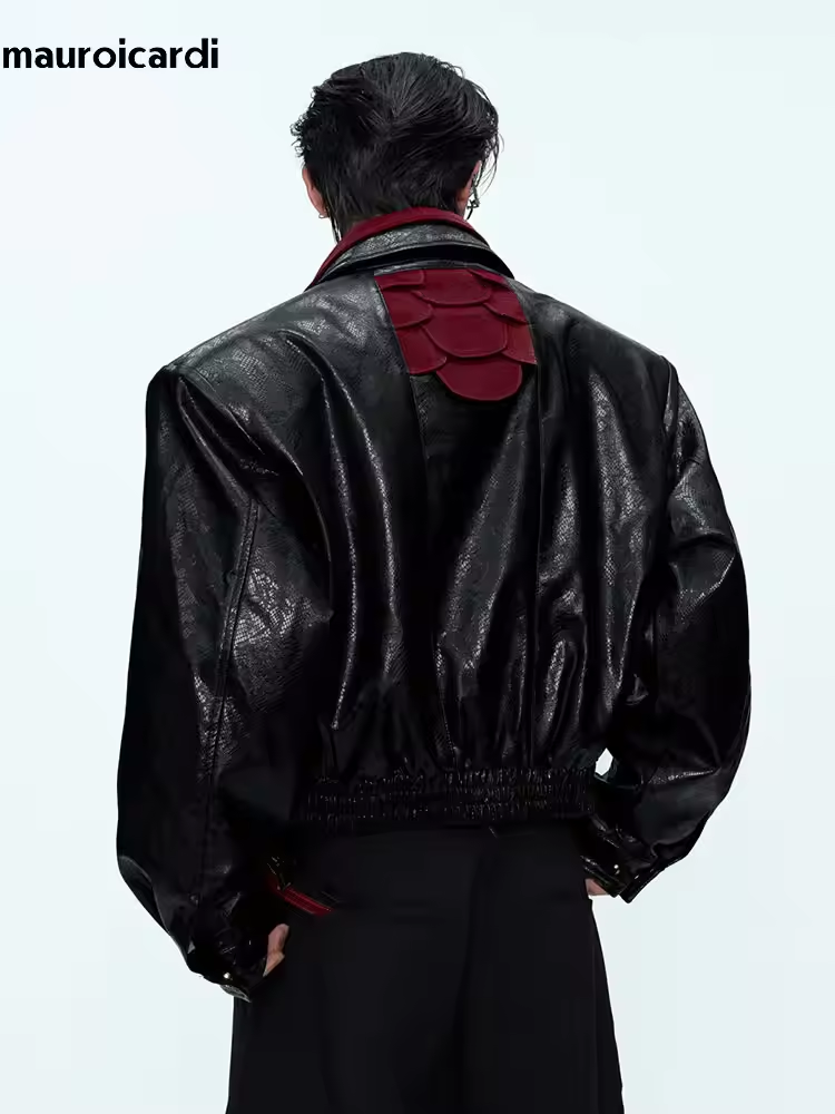 Streetwear Brand Jacket - Mauroicardi Spring Autumn Patchwork Short Snakeskin
